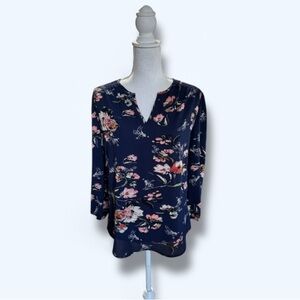 Navy Floral Fun 2 Fun Blouse Size Small Loose-fit NWOT